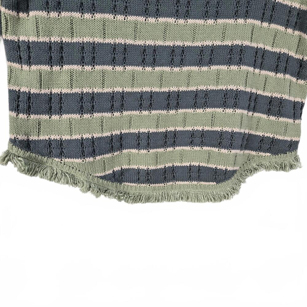 Hem & Thread Green Blue Cream Striped Crop Knit Sweater Fringe Hem Cozy Preppy M - Picture 5 of 9